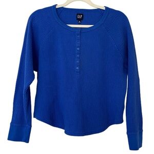 GAP Waffle Henley T-Shirt Blue Long Sleeve Buttoned Thermal